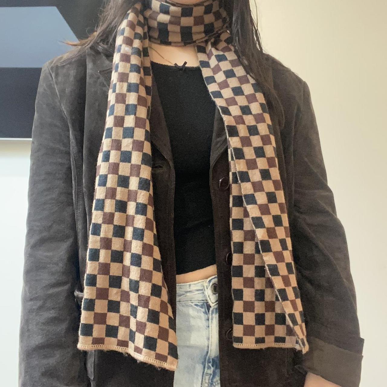 Checkered print scarf. Beige, brown and black…. - Depop