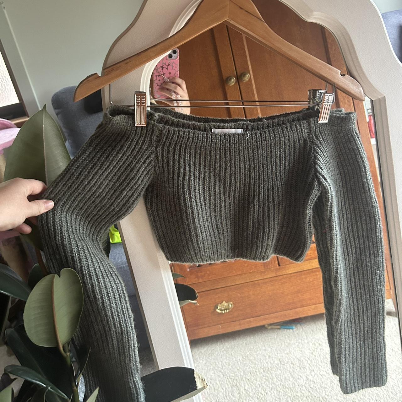 Grey Knit off the shoulder, cropped sweater. Fits 68 Depop