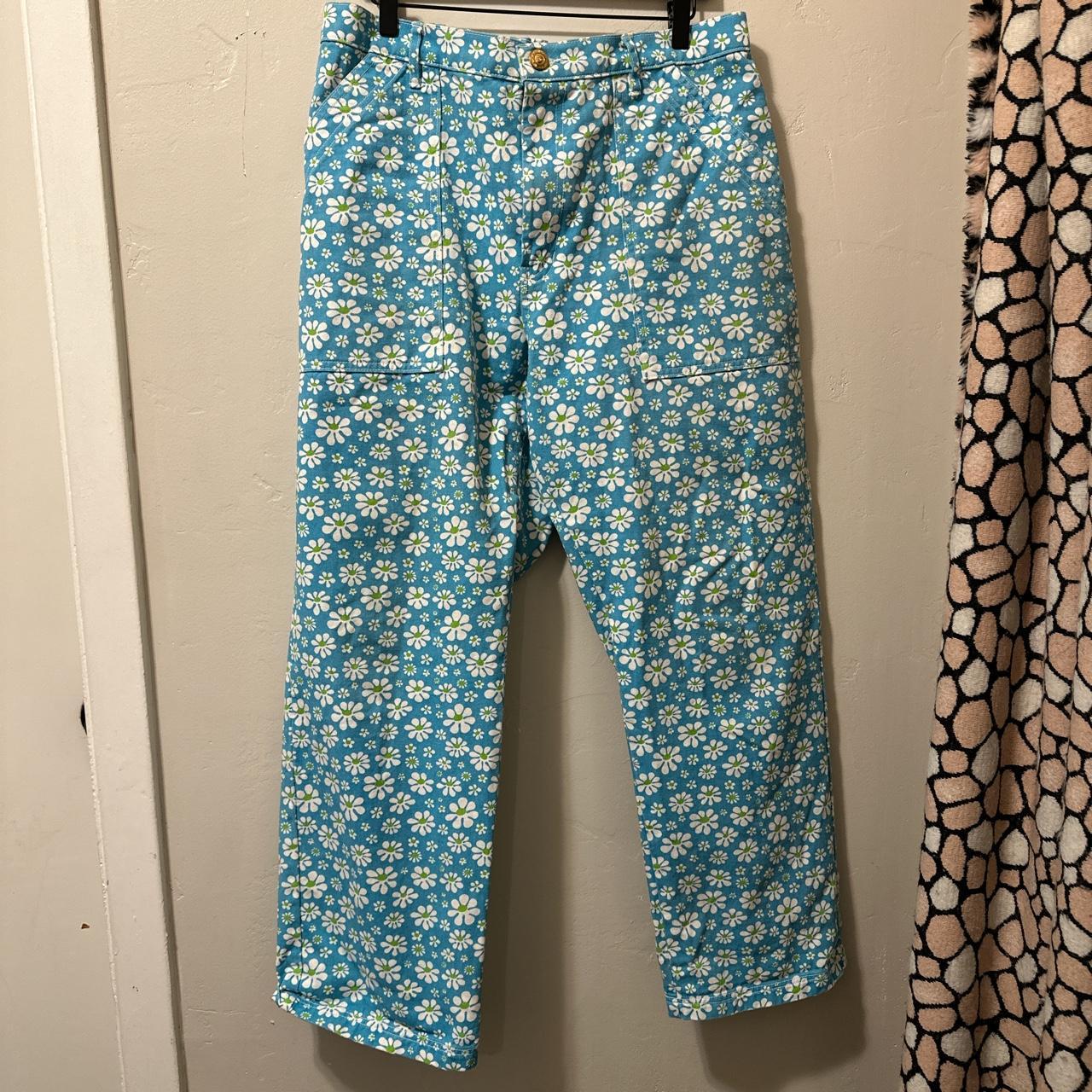 Big Bud Press lazy daisy work pants, blue/green,... - Depop