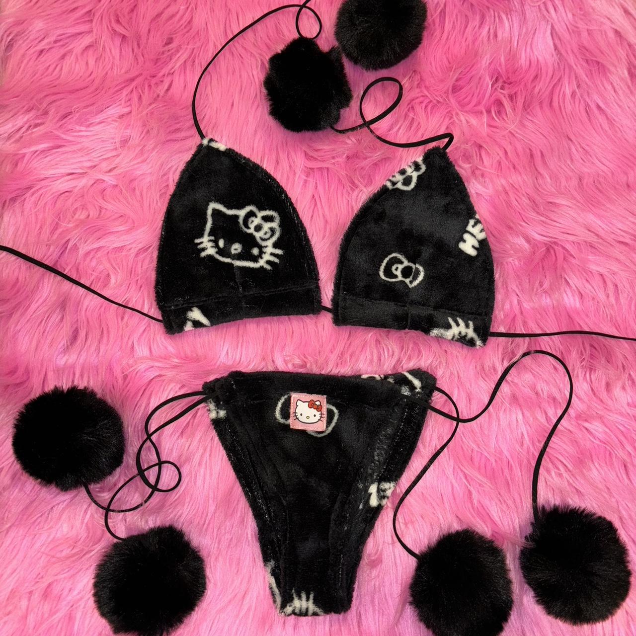 Black Fuzzy Hello Kitty Print Bikini with Fur Pom Depop