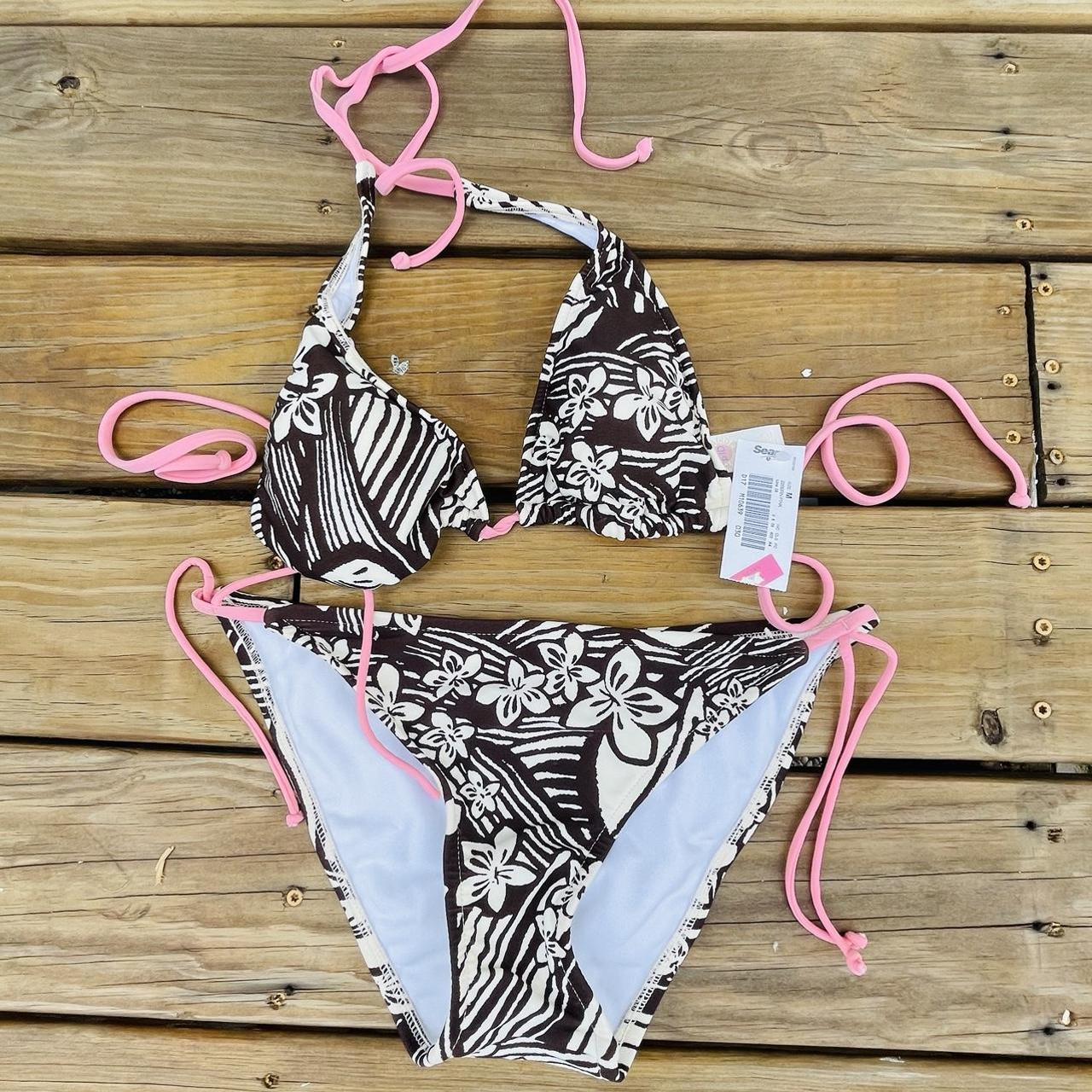 Brown White Floral Bikini Set NWT Deadstock 1990s Sz... - Depop