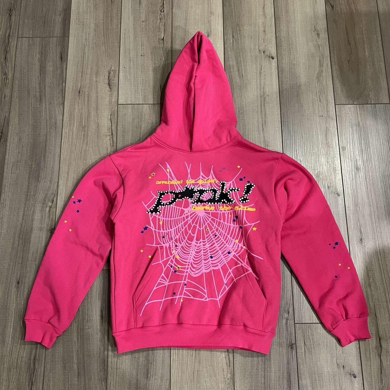 Pink and black hoodie with a spider web design... - Depop