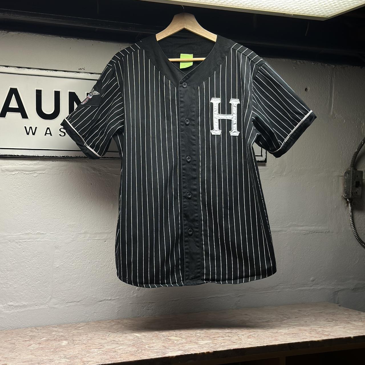 HUF black and white striped baseball jersey with | Depop