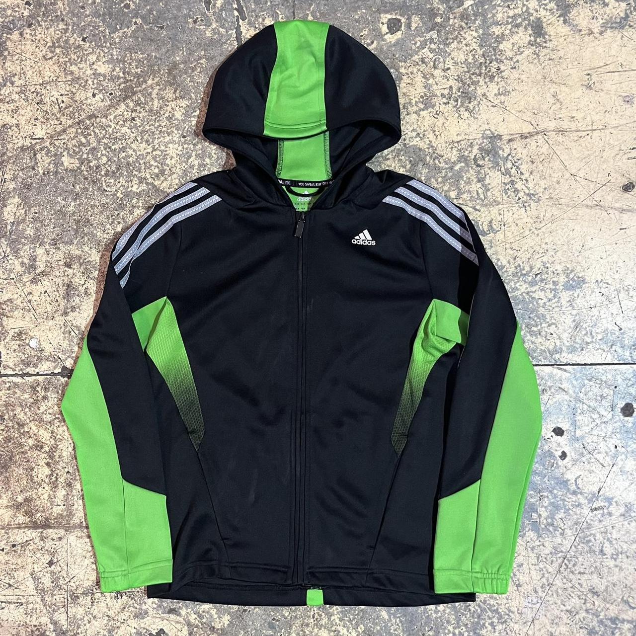 Adidas jacket black with cheap green stripes