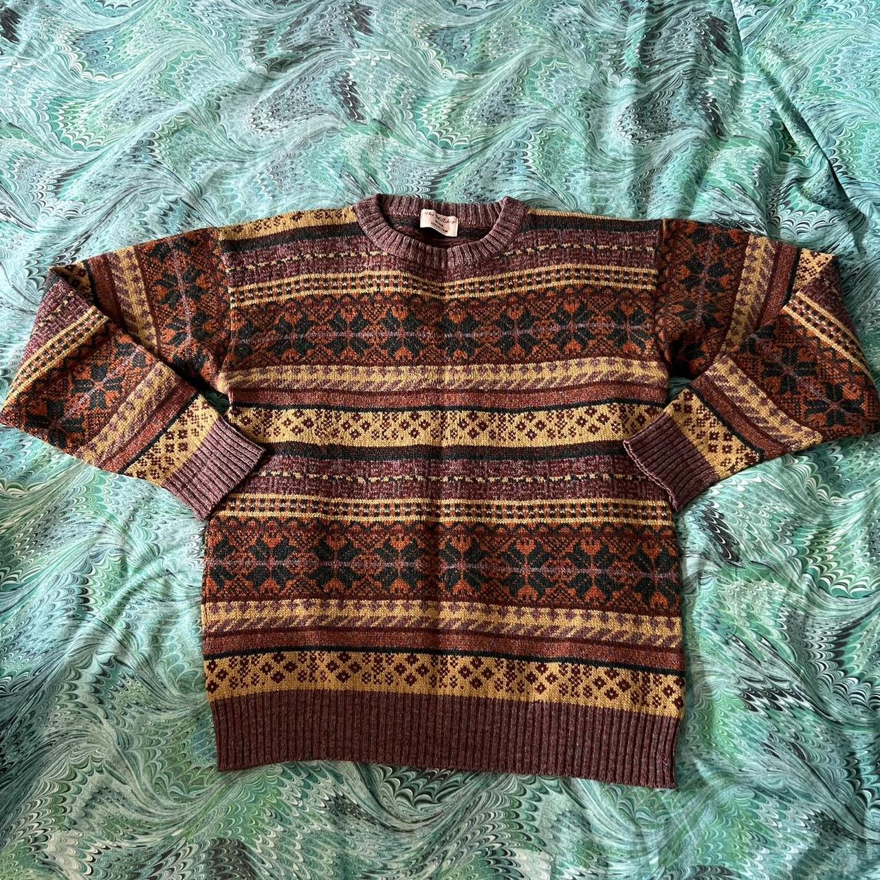 vintage knitted jumper multi colour, cool... - Depop