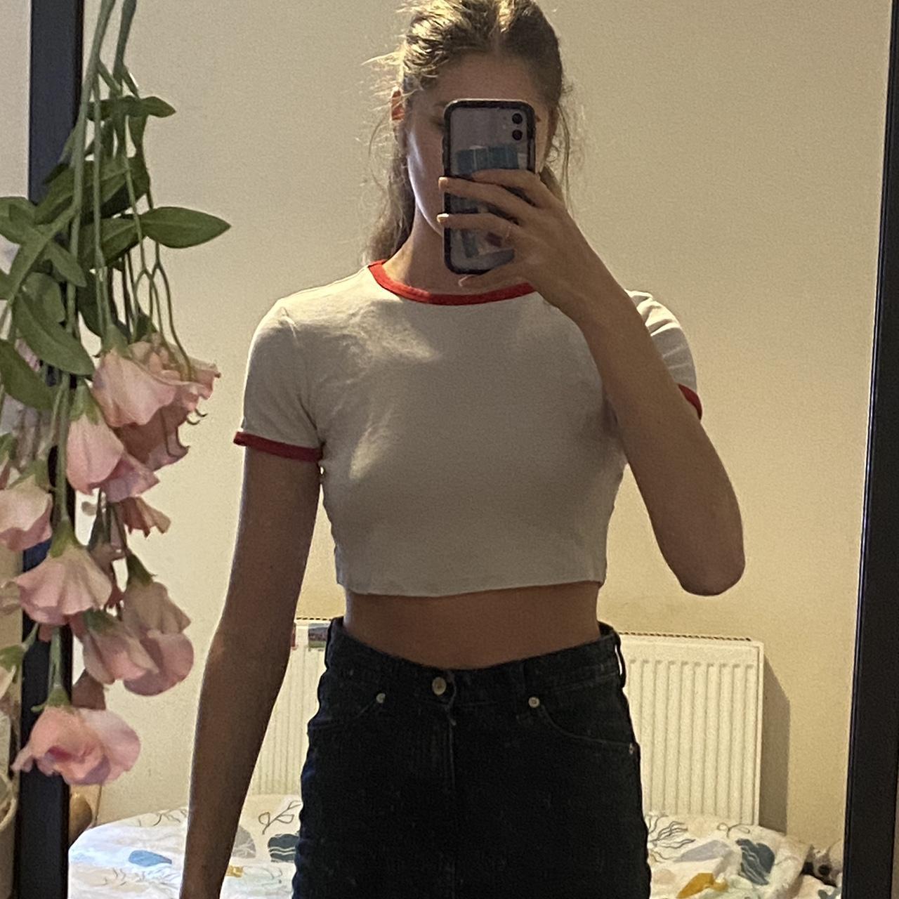Zara Women's White and Red Croptop Depop