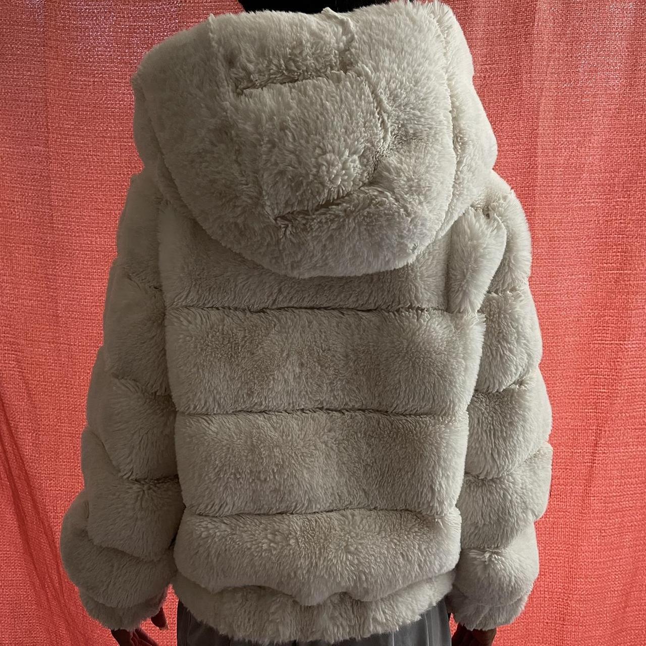 BCBG White faux fur jacket with hood size M | Depop