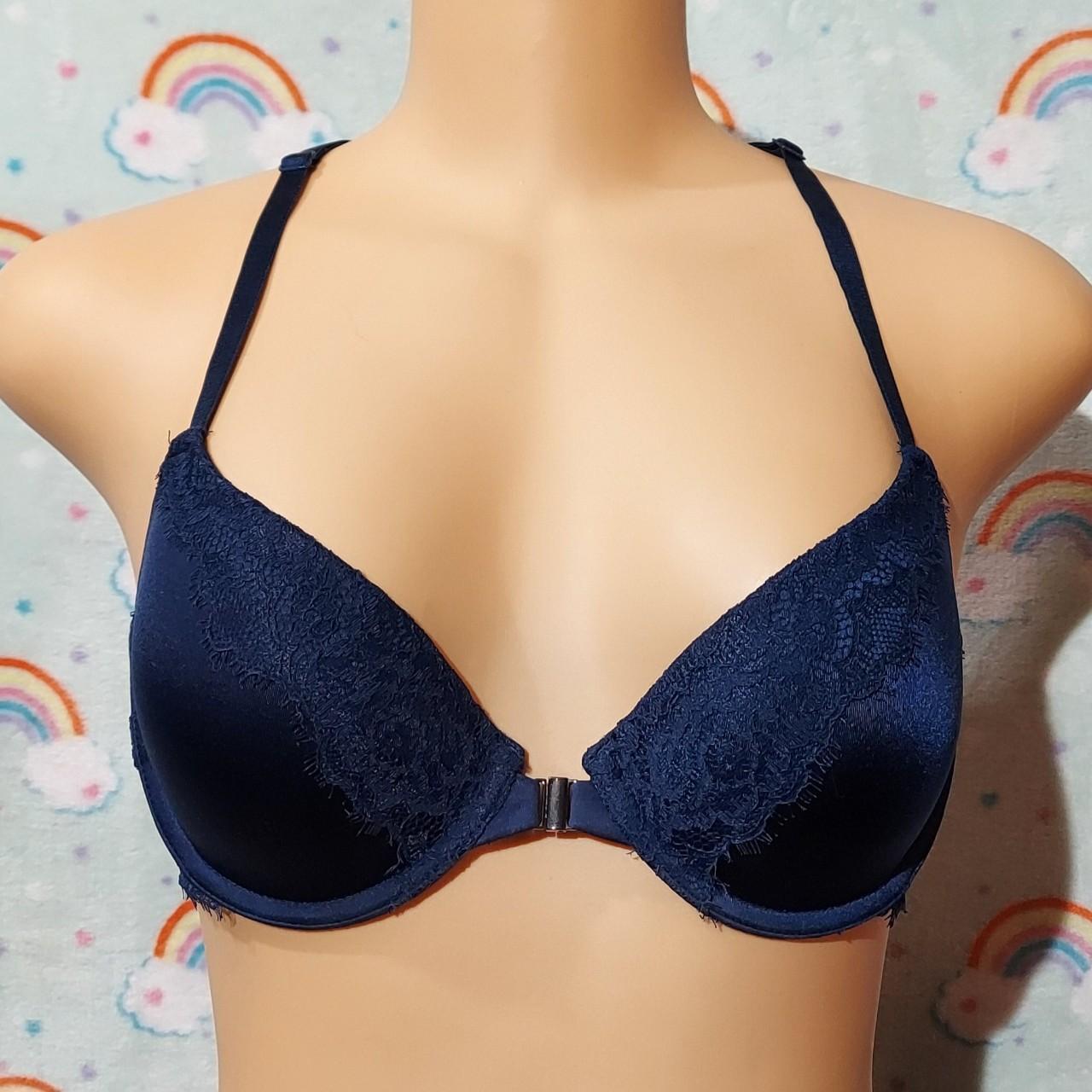 Silky navy blue front clasp racerback bra with - Depop