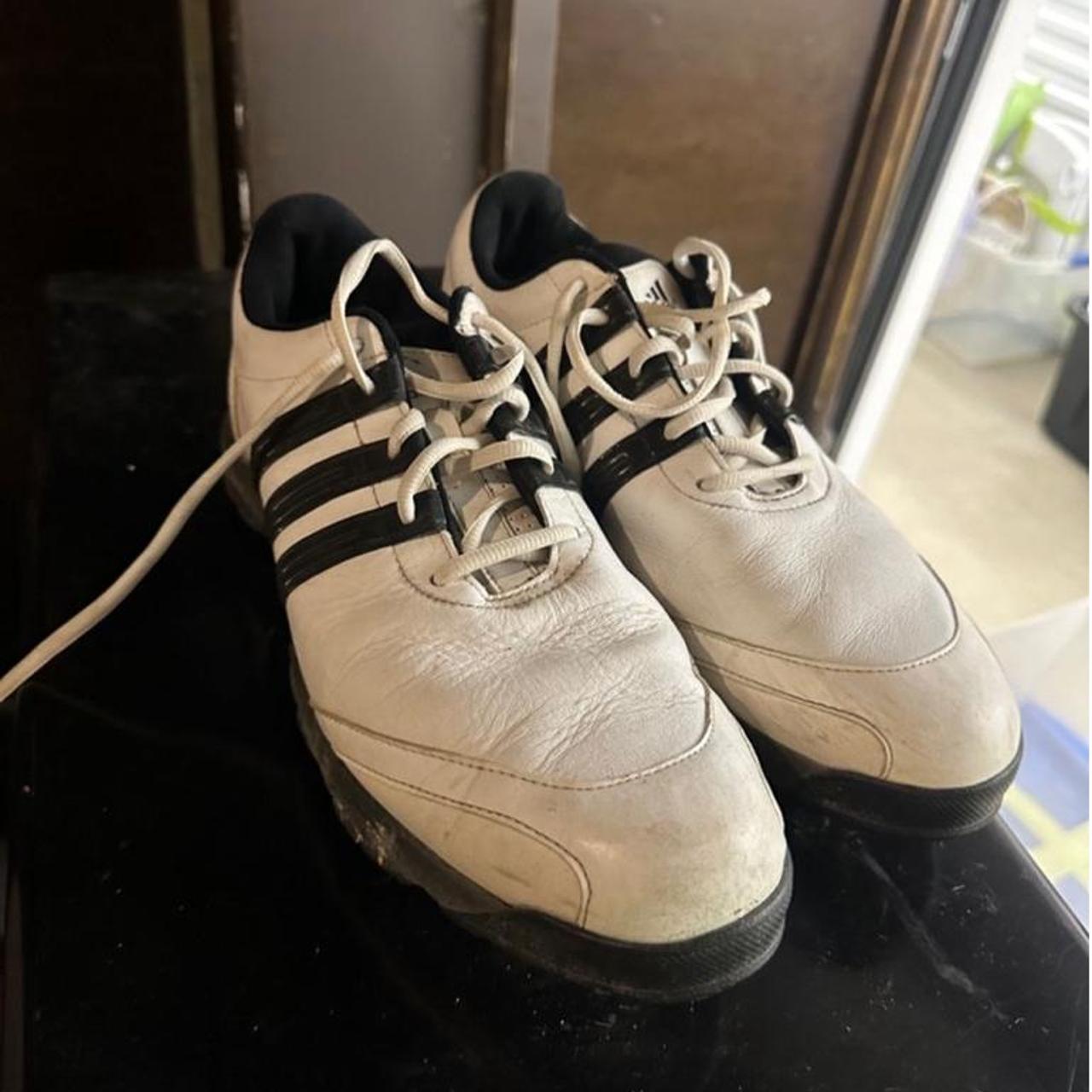 The shoes are white and black Adidas golf Depop