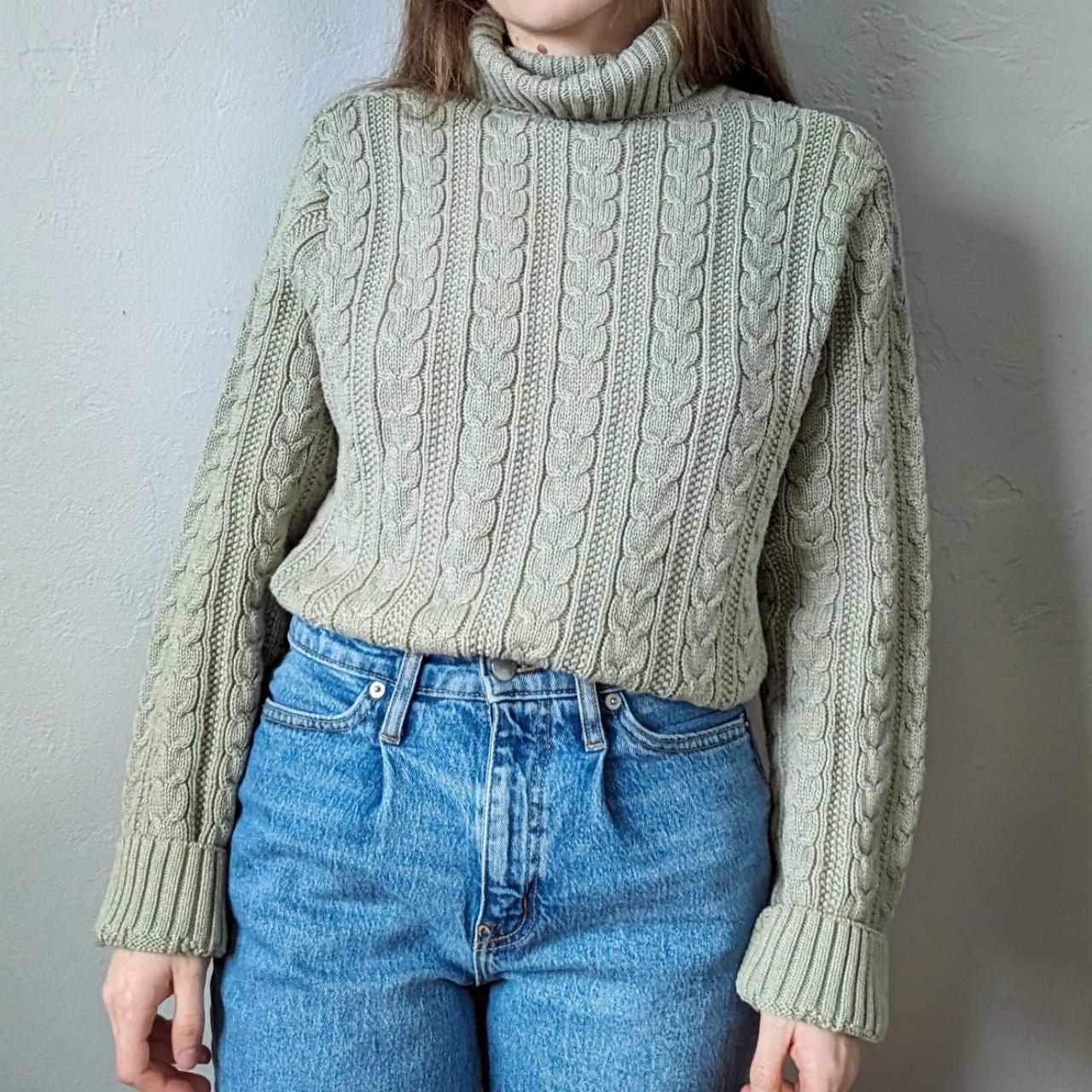 vintage 90s cableknit turtleneck sweater. the color... - Depop