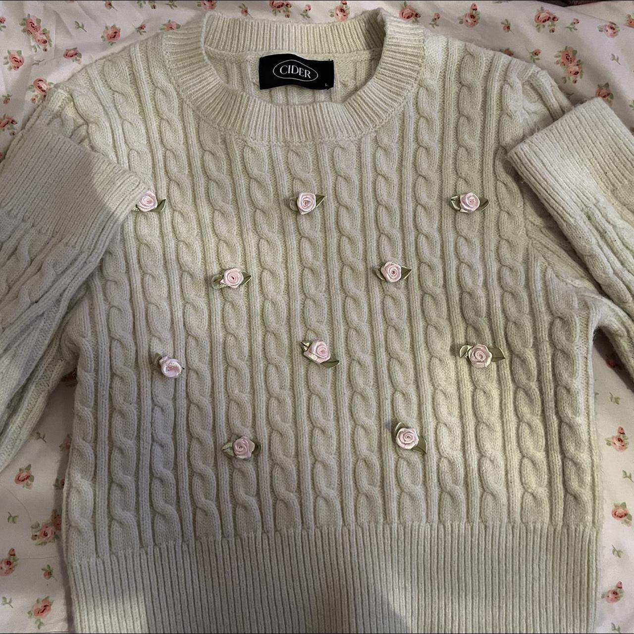 Cider Women's Cream and Pink Jumper Depop