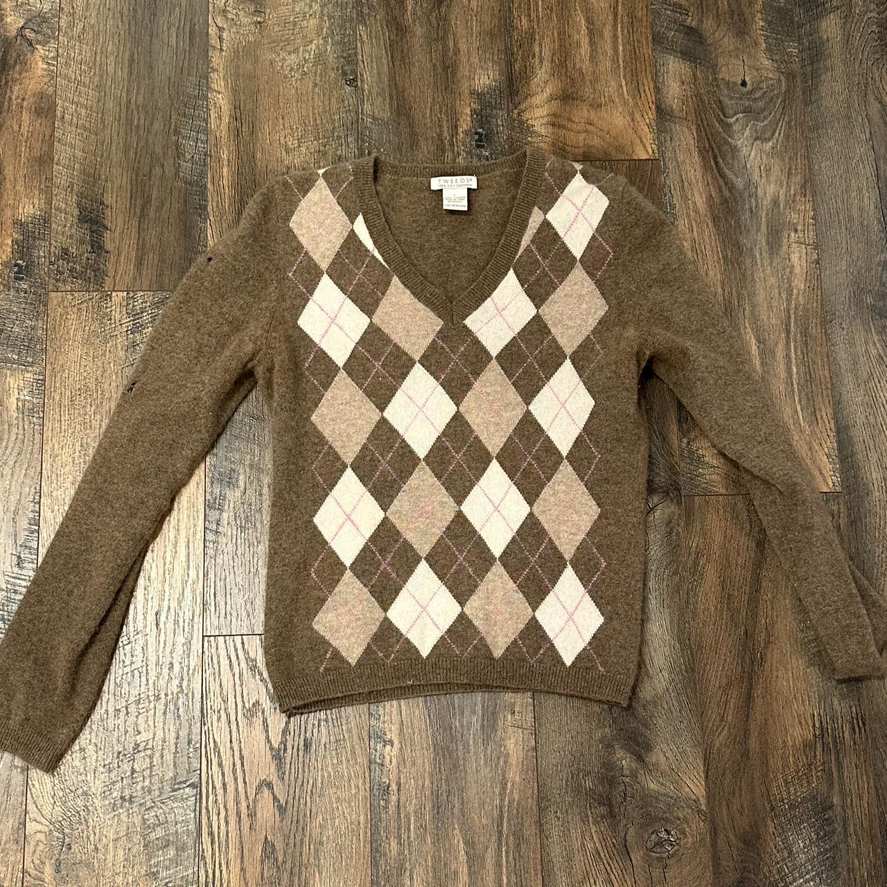 2-ply cashmere pink, brown, white argyle sweater... - Depop