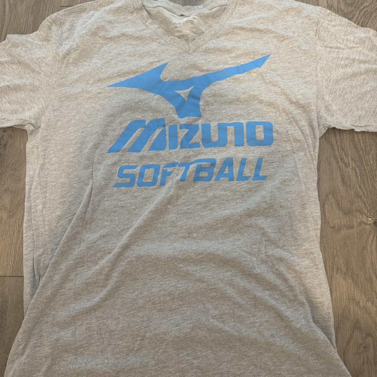 Mizuno softball grey and blue shirt. softball