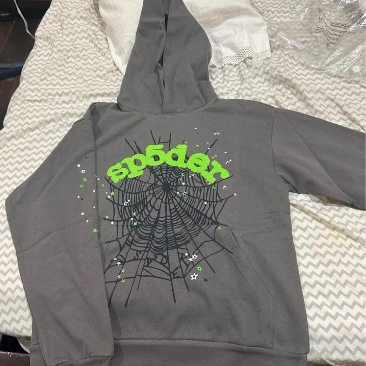 Grey & Green Sp5der Hoodie and Sweatpants combo... - Depop