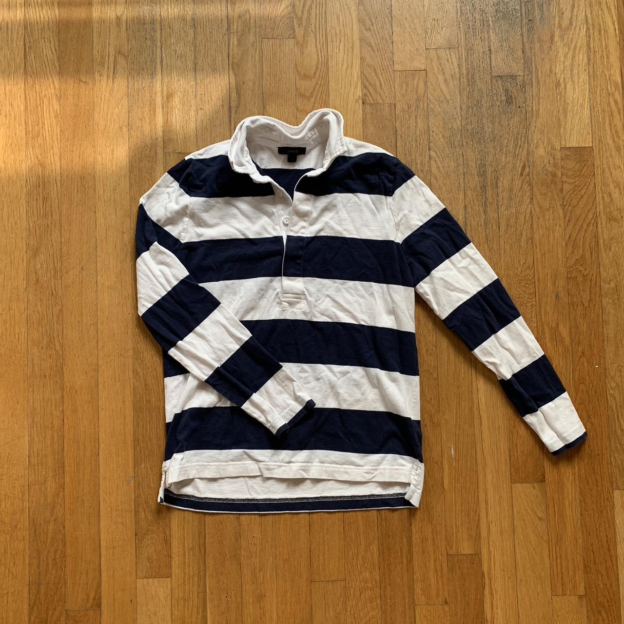 Navy blue and white striped rugby top - Depop
