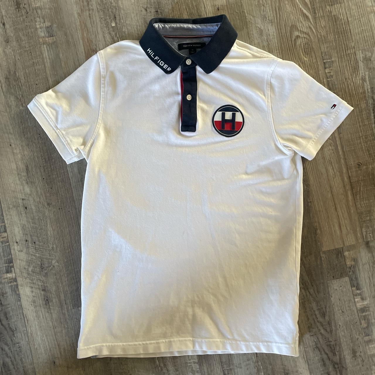 Tommy Hilfiger Men's White and Navy Polo-shirts | Depop