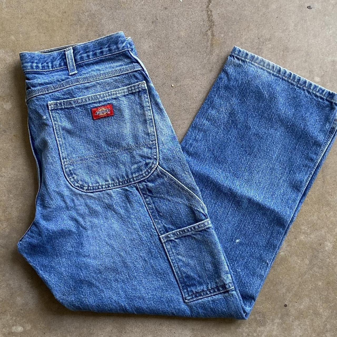 Blue dickies carpenter jeans. Distressed with paint... - Depop