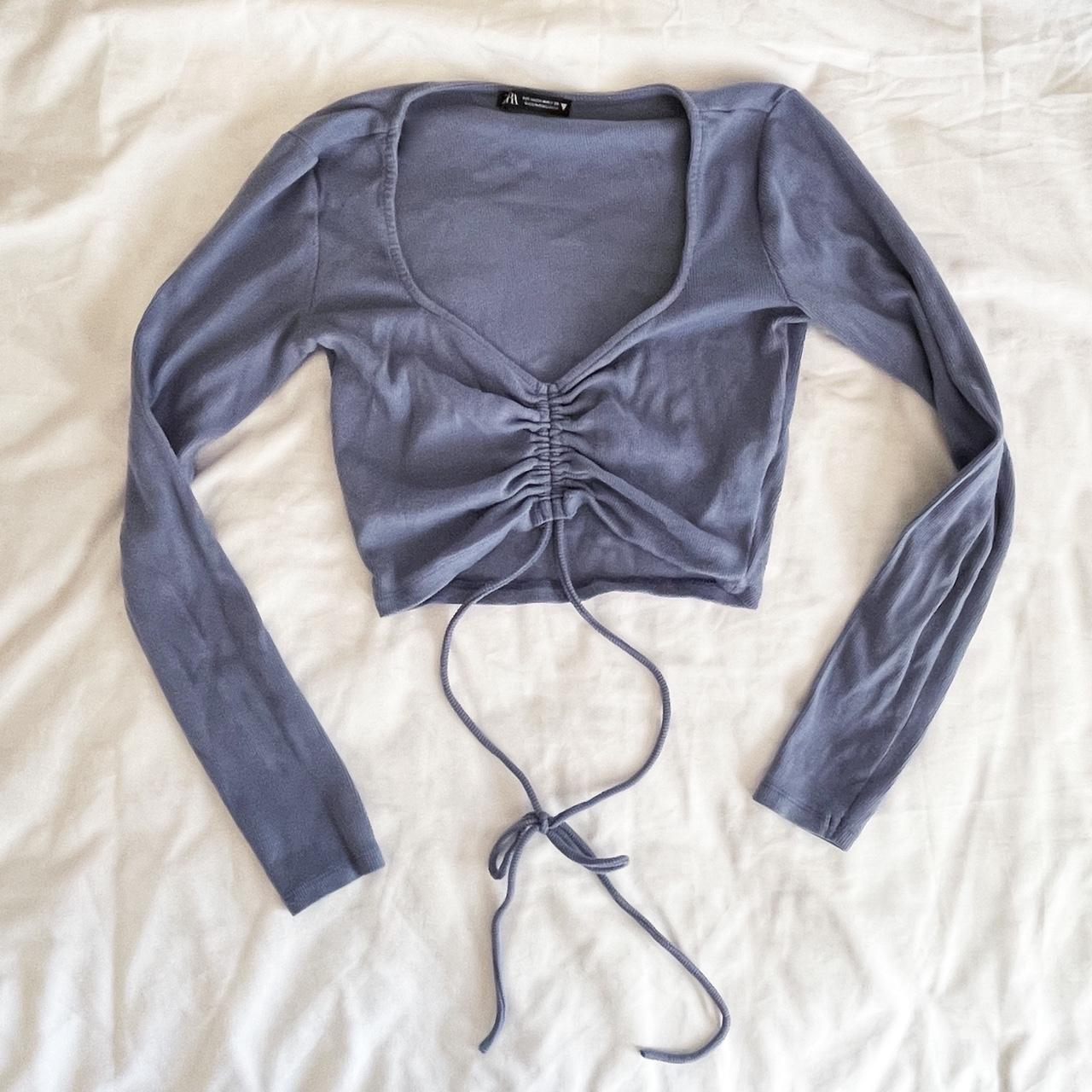 Zara Long Sleeve Ruched Crop Top in Purple/Blue... - Depop