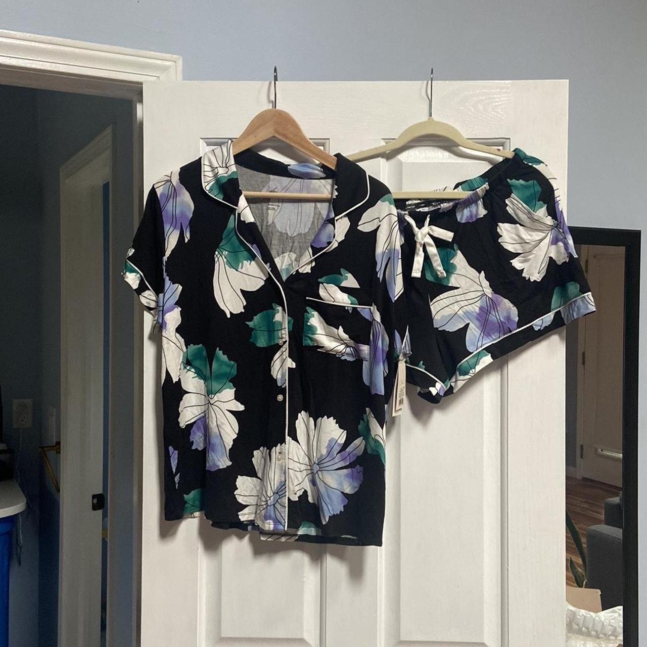 Matching pyjama set in black floral. Pocket on shirt... - Depop