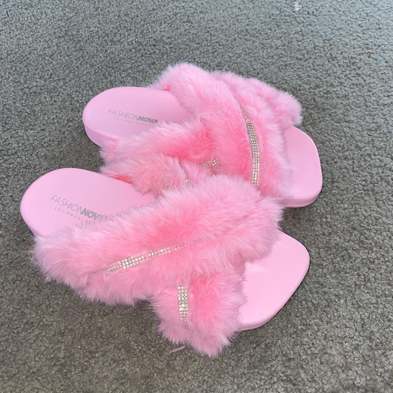 Pink fluffy y2k diamanté slides Size 40 eu, 9 AU... Depop