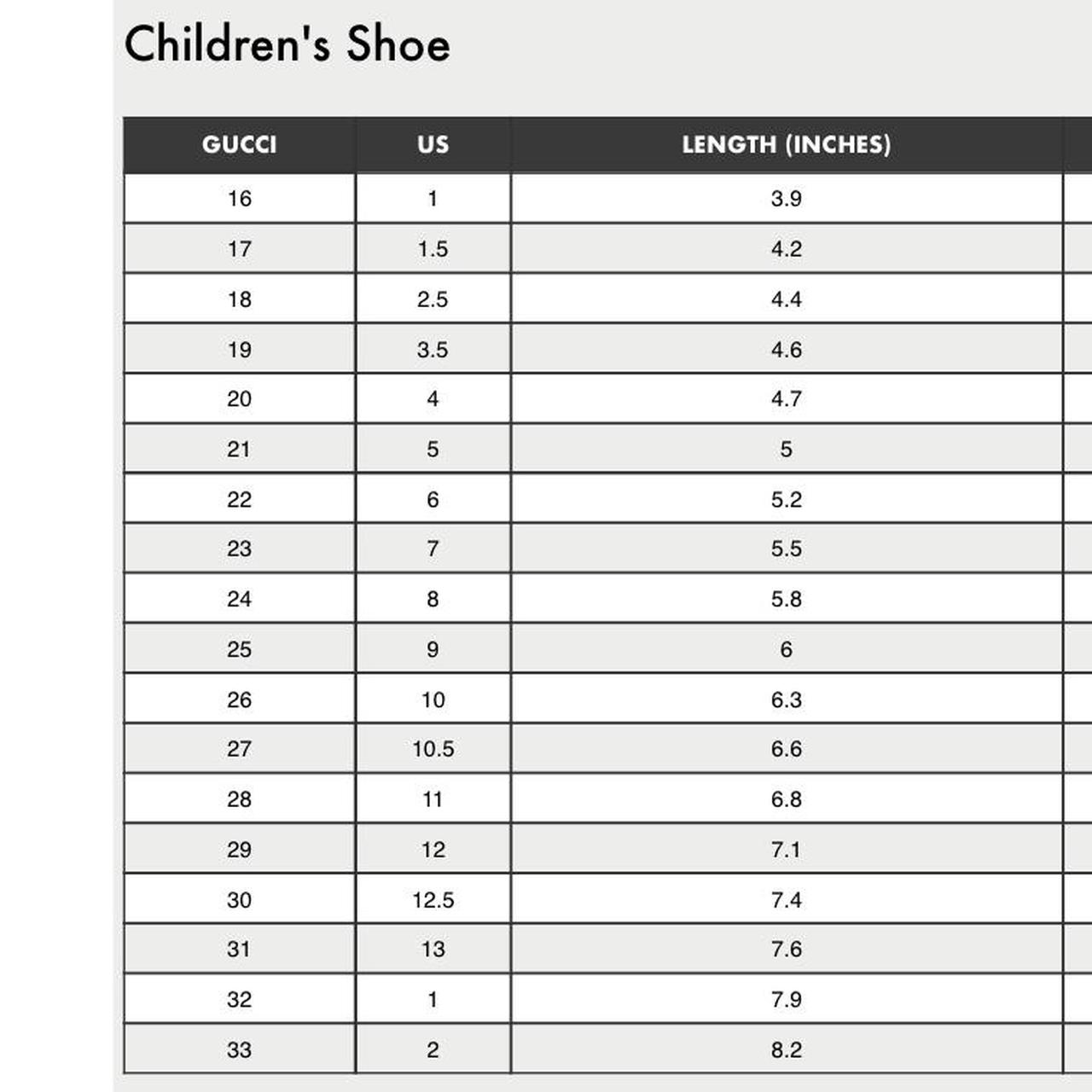 Gucci kids shoe 2025 size chart