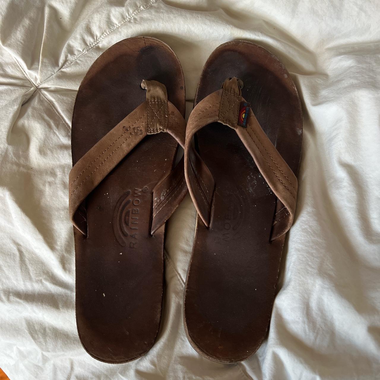 Rainbow men’s brown leather flip flops. Worn in.... - Depop