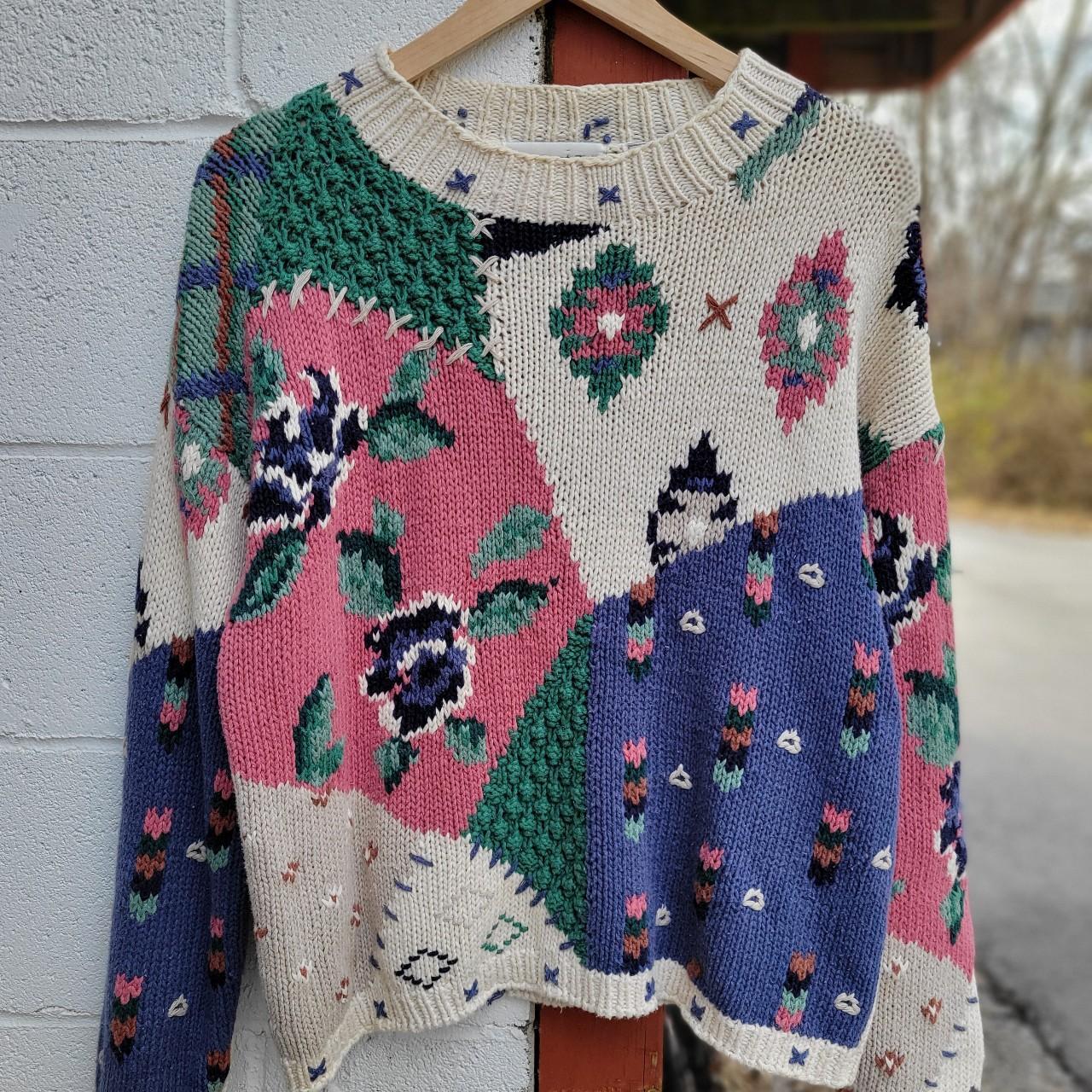 Vintage flower hand knit sweater. Rare artsy aop... - Depop