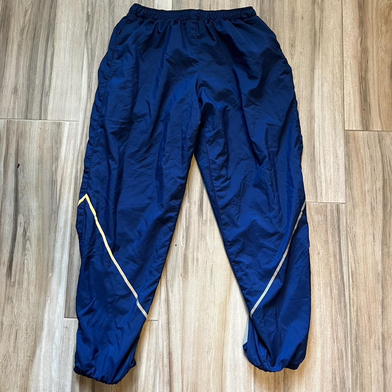 Blue and grey striped track pants with adjustable... - Depop