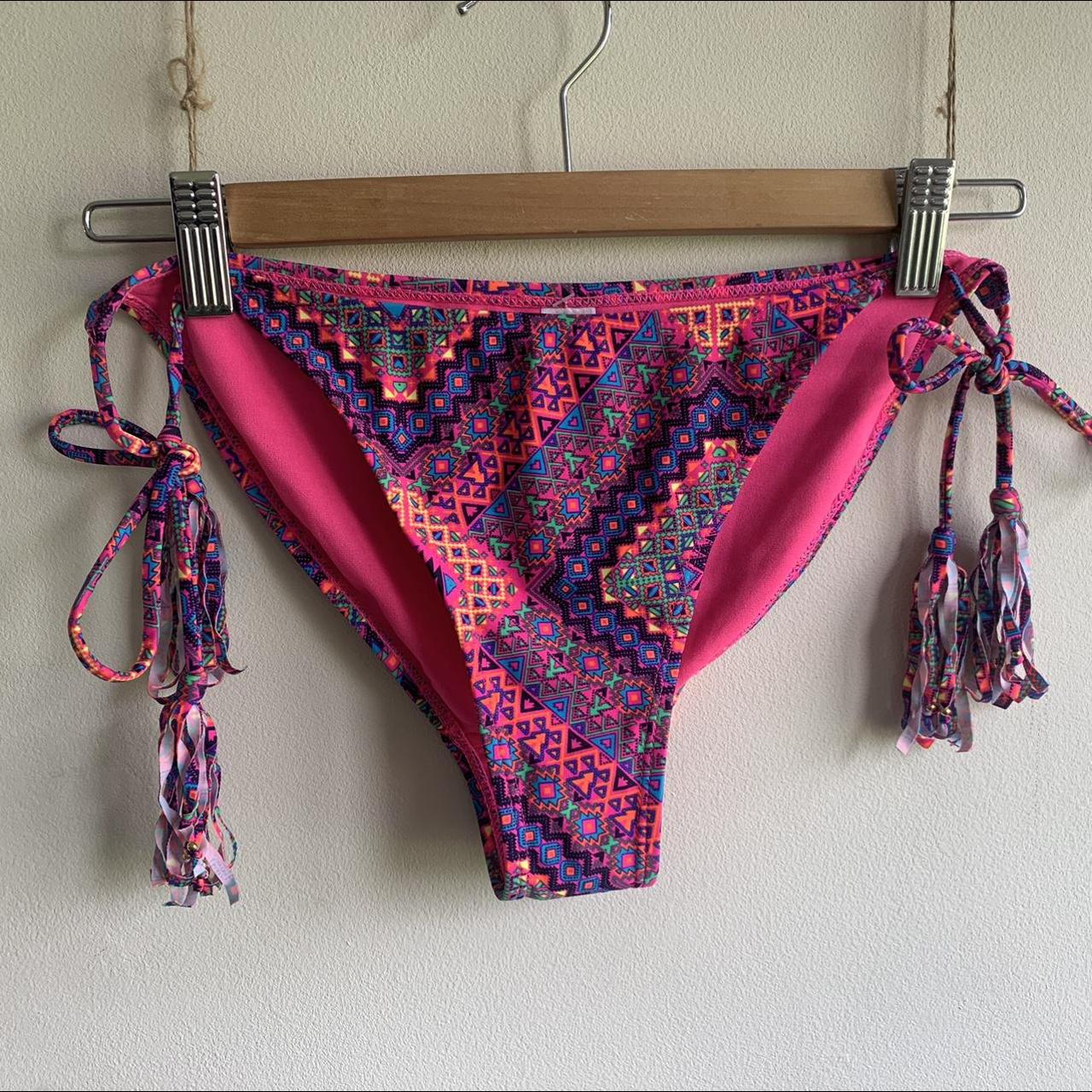 Neon Aztec Print Tie Side bikini bottoms with fringe... - Depop