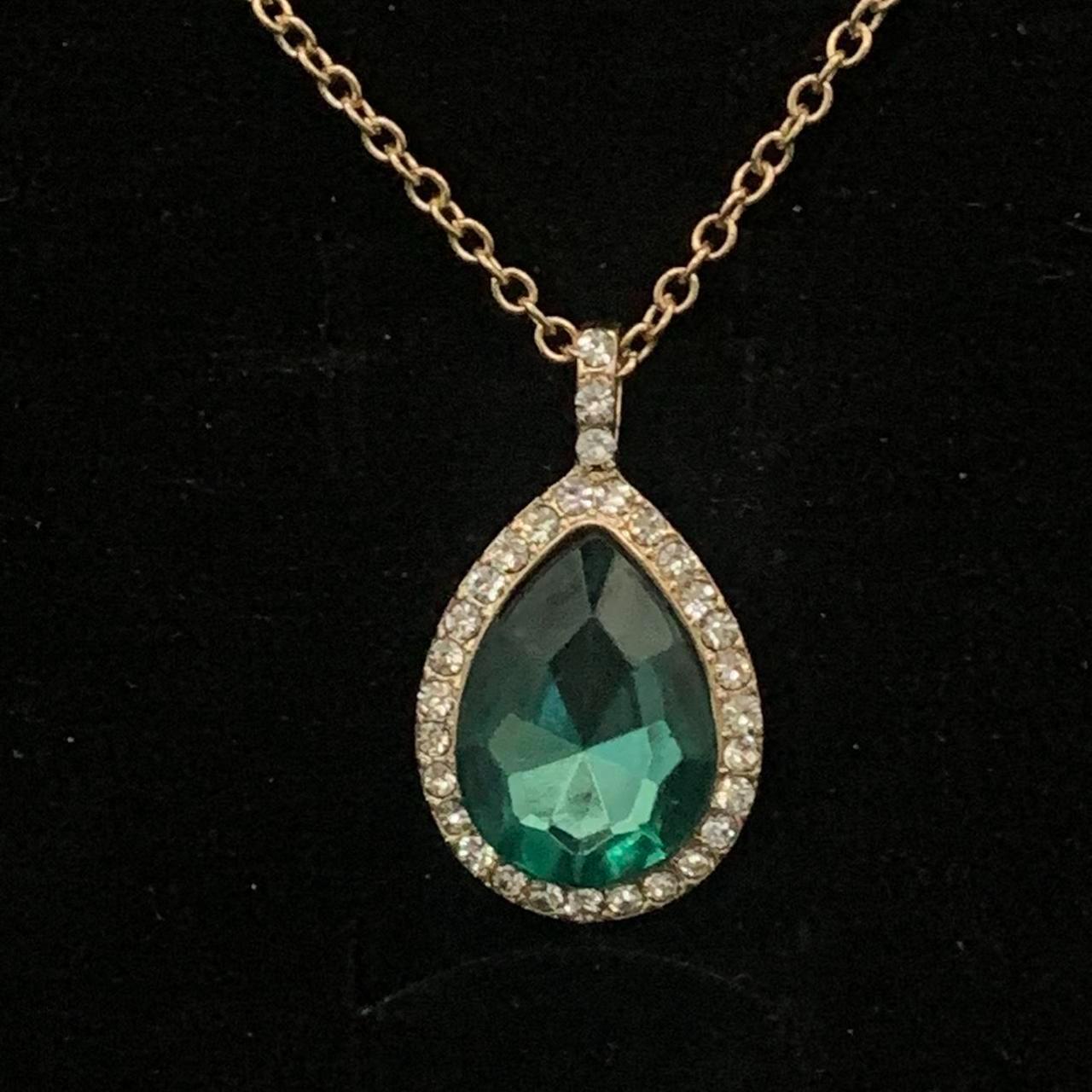 Necklace Emerald Green Crystal gold plated Teardrop... - Depop