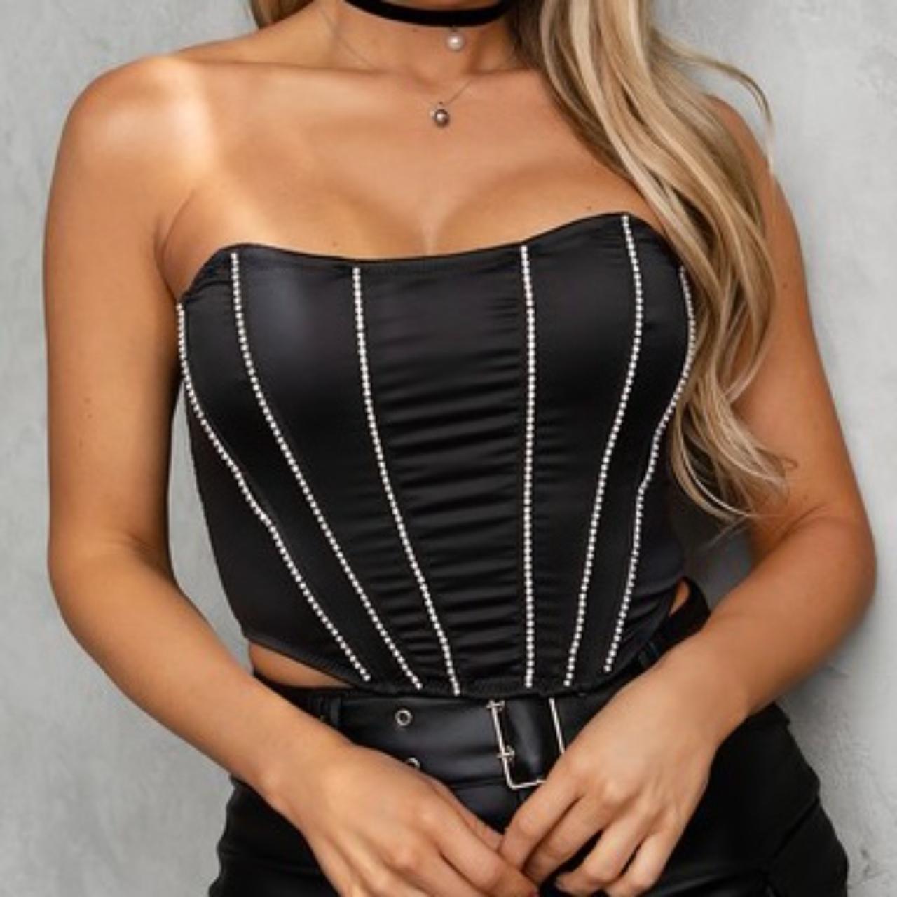 SO BEJEWELED BLACK CORSET TOP, SATIN CORSET WITH