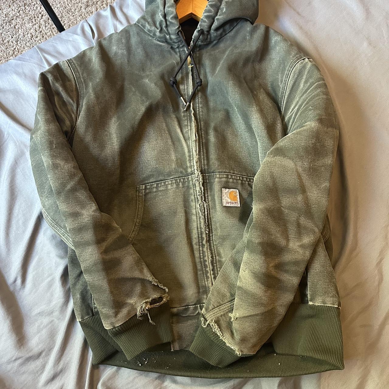 worn faded green carhartt hooded jacket j130 SEND... - Depop