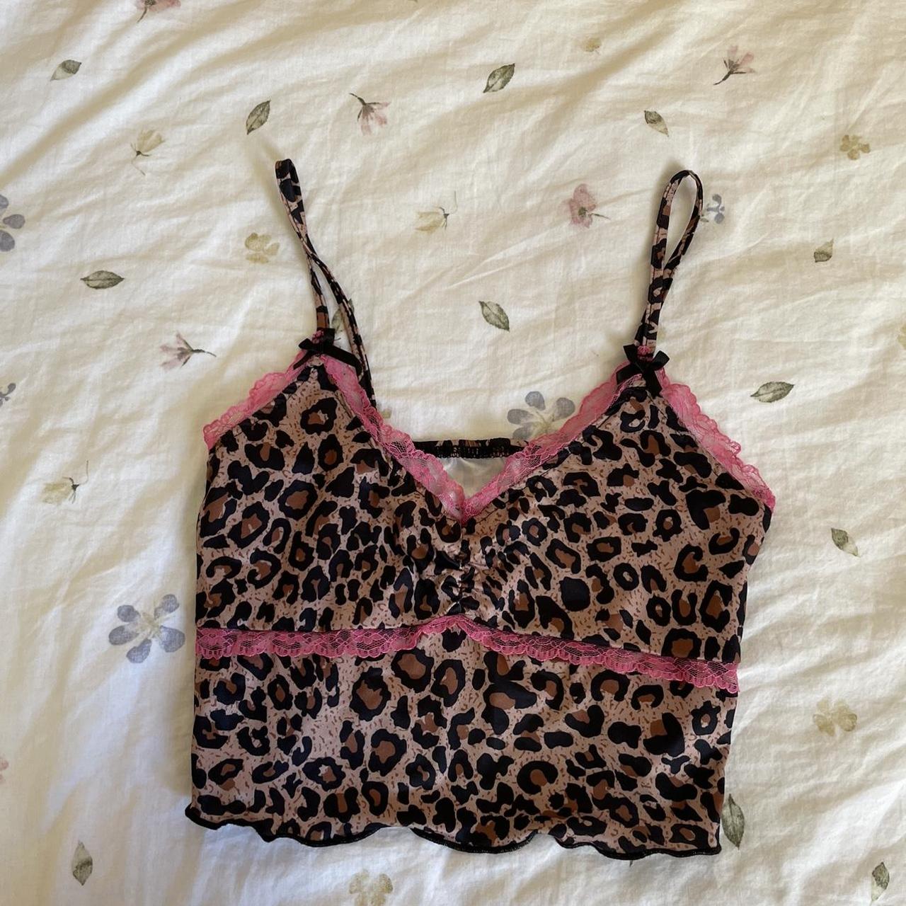 leopard print lace cami top with pink detailing - Depop