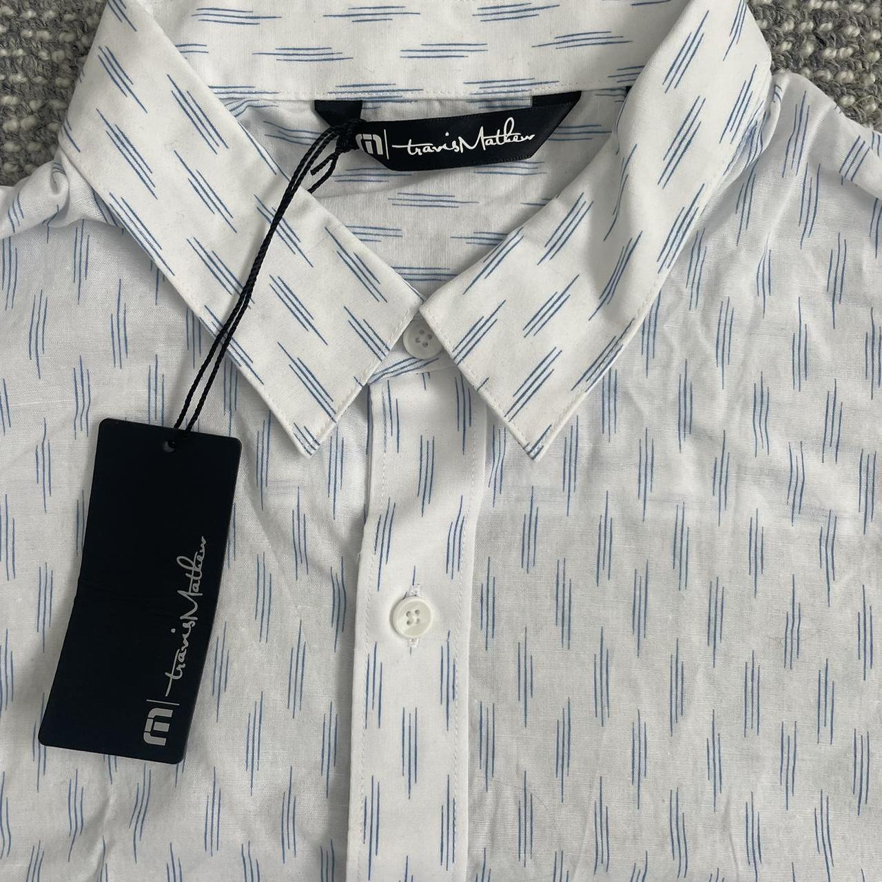 TravisMathew Men S White And Blue Shirt Depop