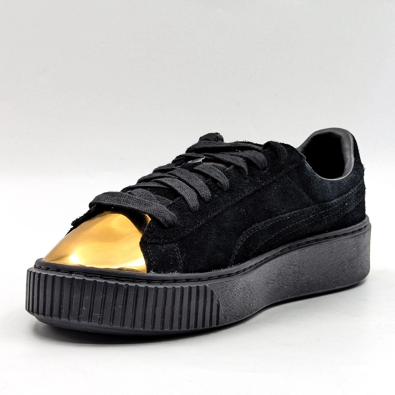 Puma suede platform trainers black gold satin best sale