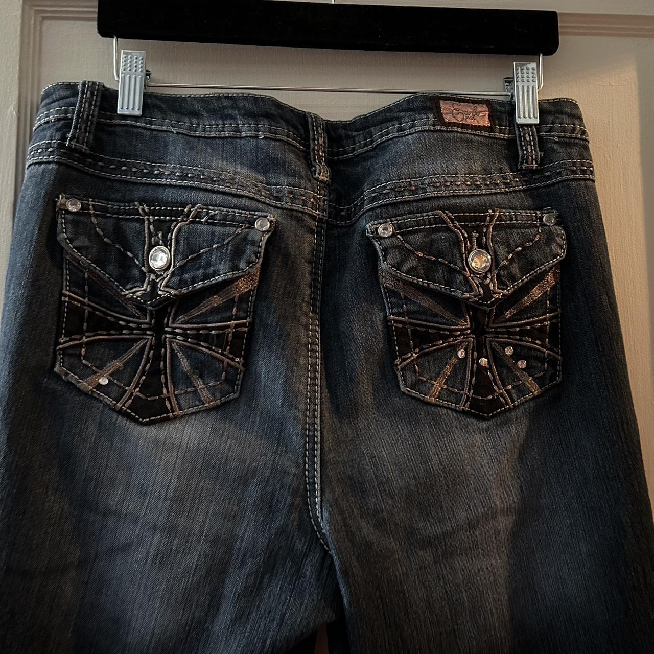 Y2K BEDAZZLED ECCENTRIC FLARED JEANS WITH A ACID... - Depop