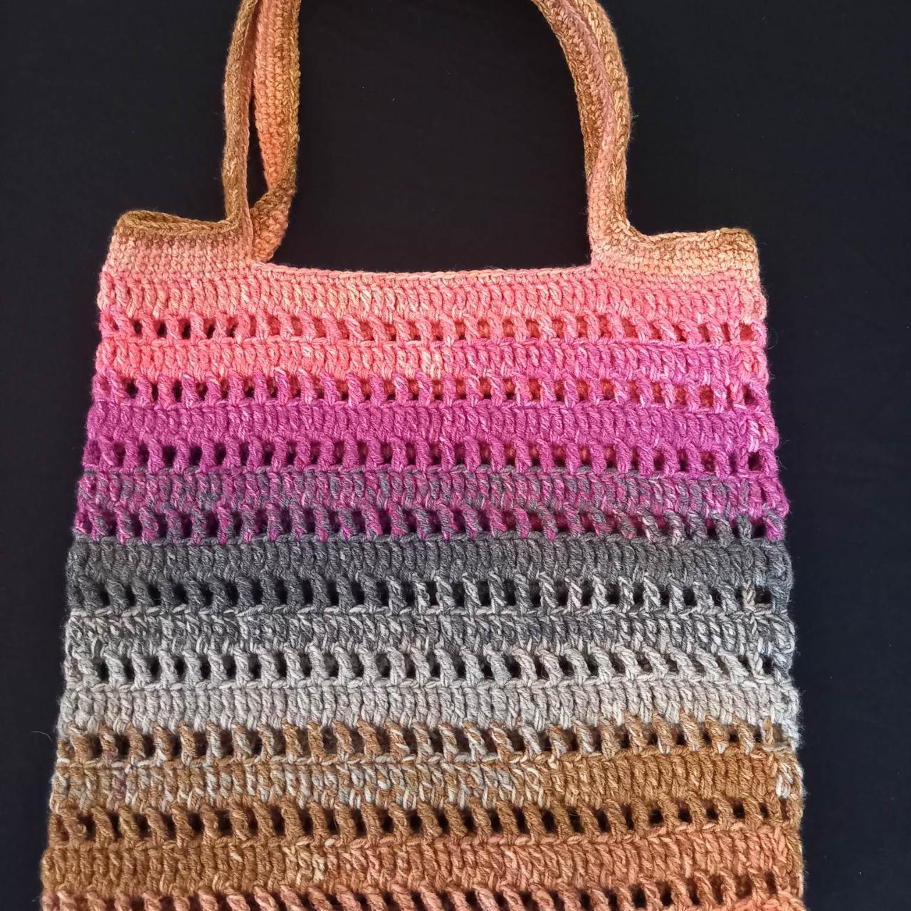 Handmade Crochet Multi-Coloured Patterned Tote Bag... - Depop