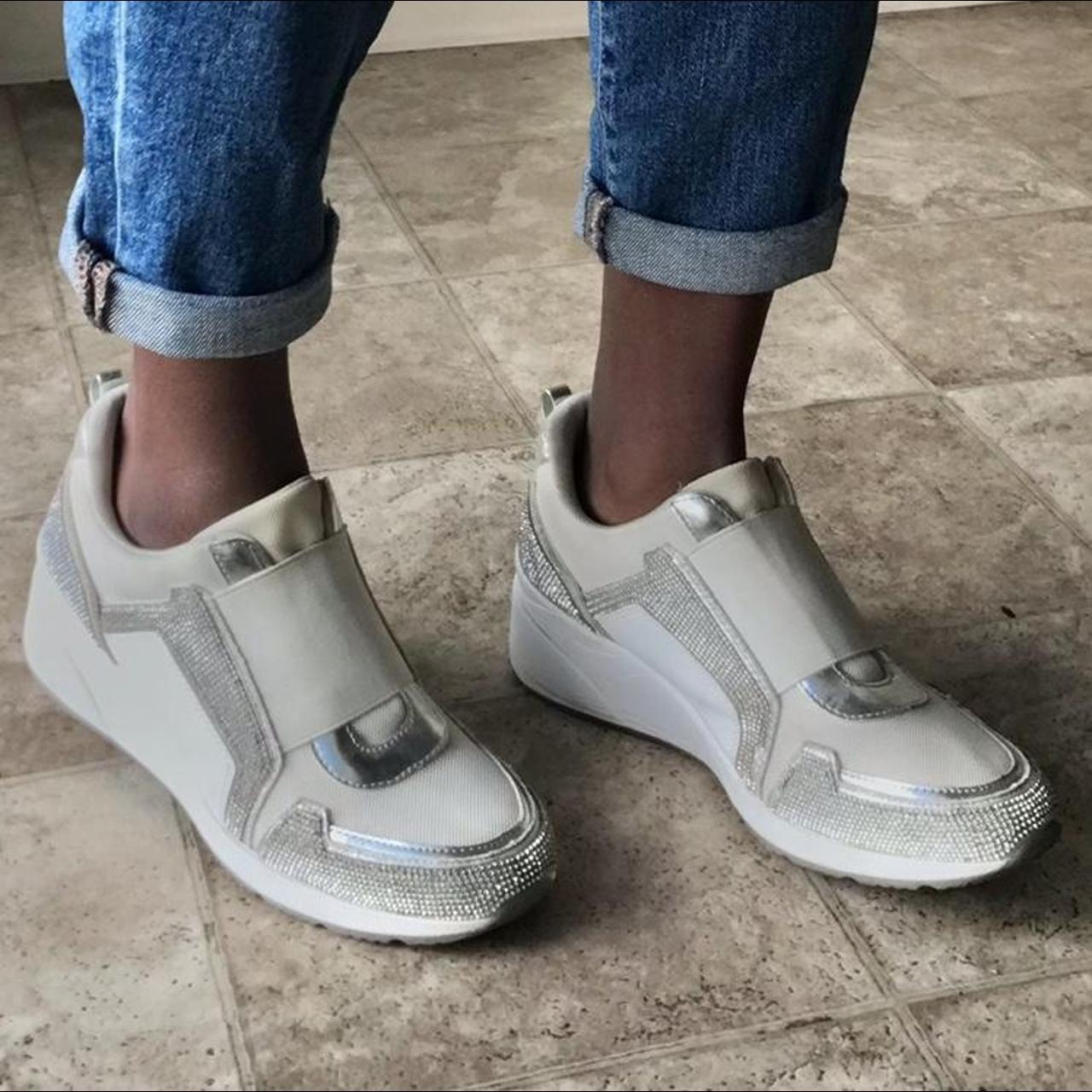 Women's White and Silver Trainers | Depop