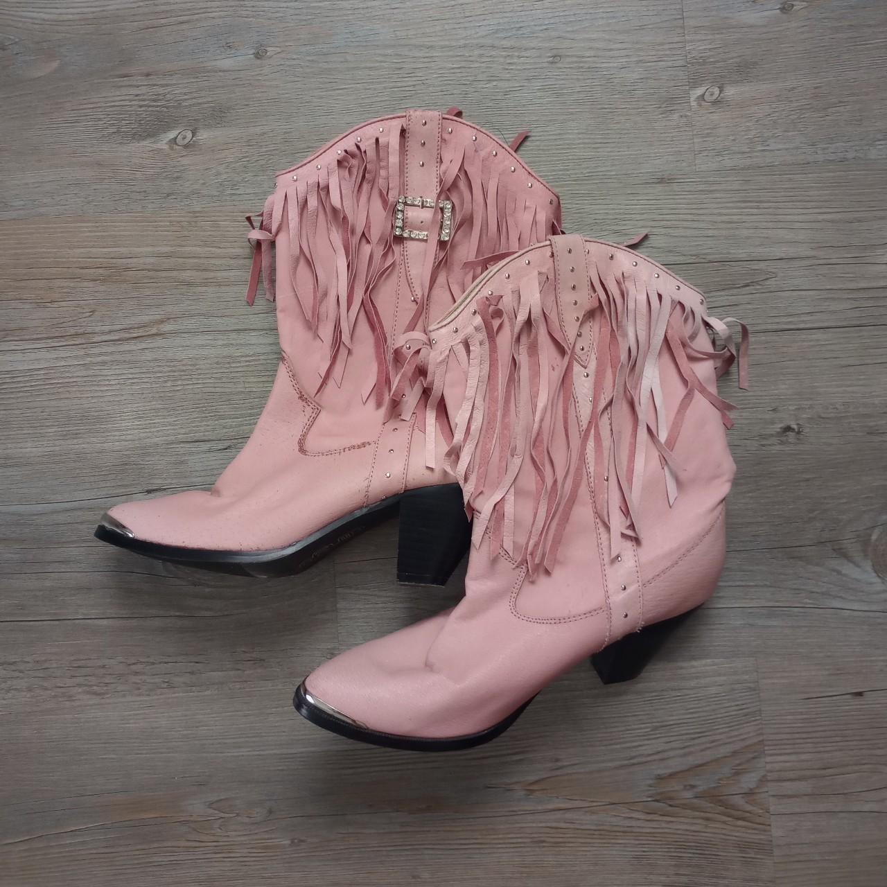 Y2K Pink Leather Fringe Rhinestone Cowgirl Boots . Depop