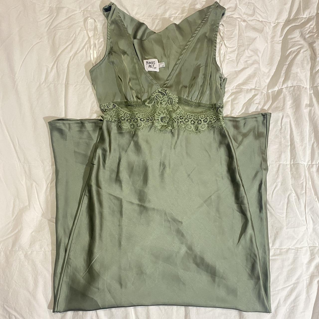 Satin sage green maxi dress. The lace is slightly... - Depop