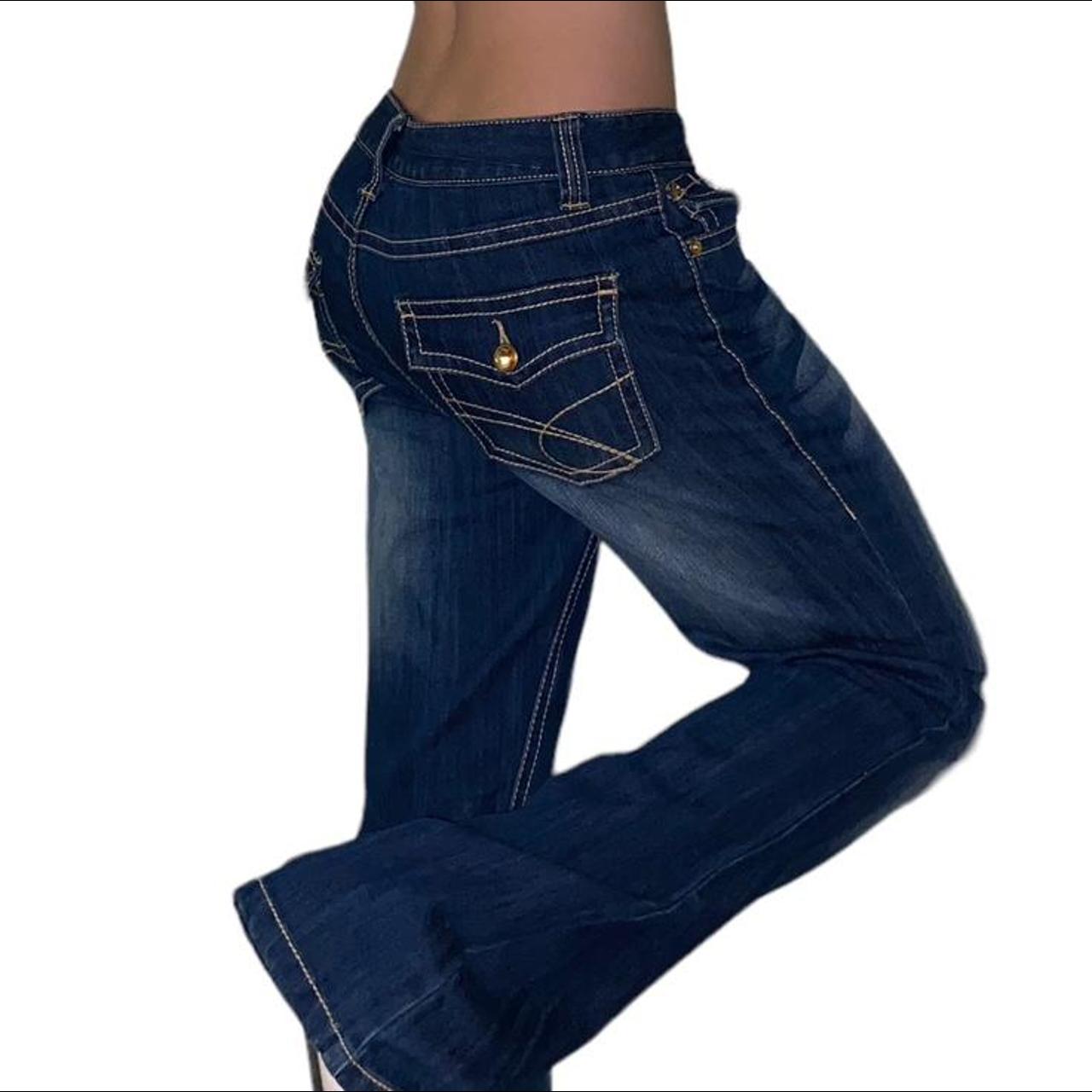 y2k lowrise, bootcut jeans ☠️ pretty gold stitching... - Depop