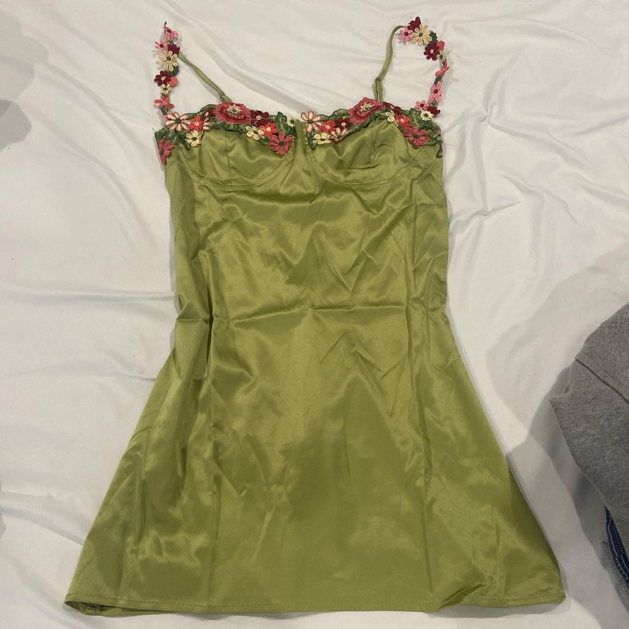 Green Satin Floral Dress Super Comfy And Depop 8156