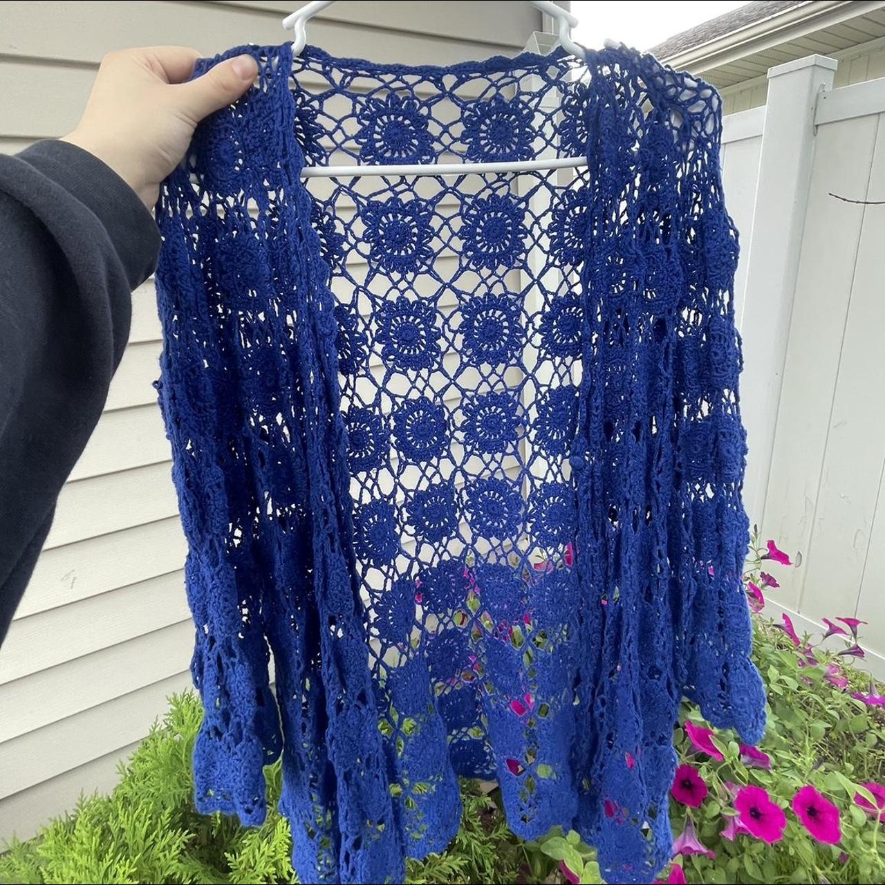 royal blue hand crocheted flower cardigan size... Depop