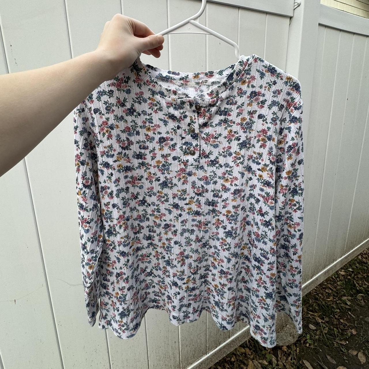 floral waffle knit autumn cozy tee size: women’s... - Depop