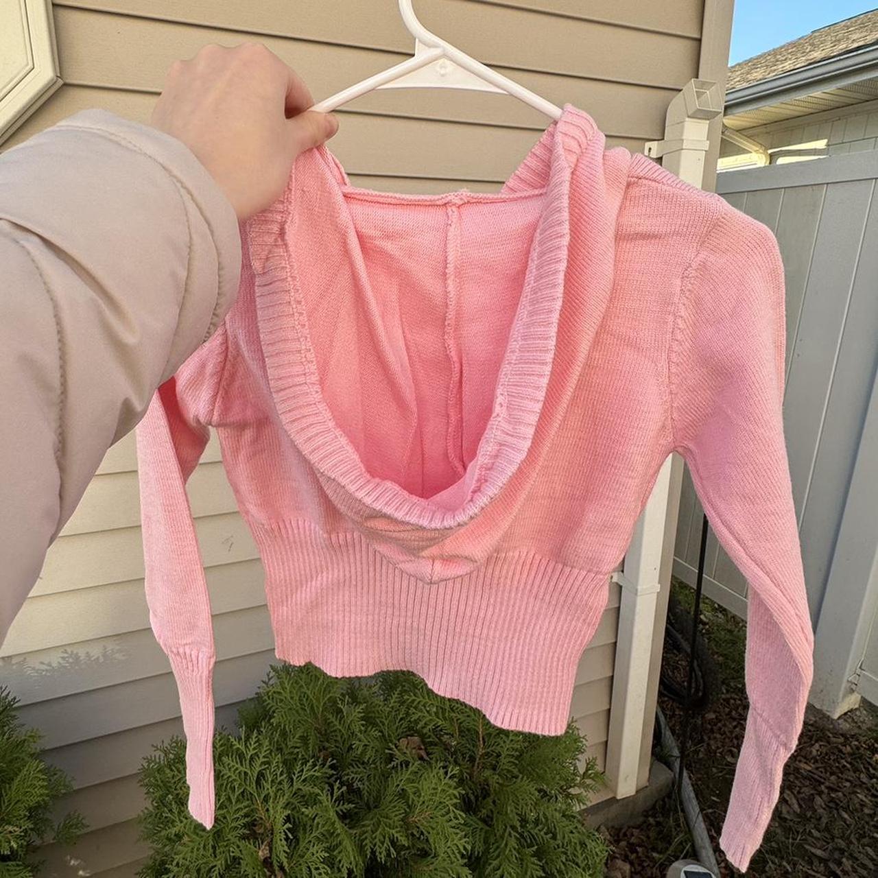 cropped baby pink zip up sweater size: small brand... - Depop