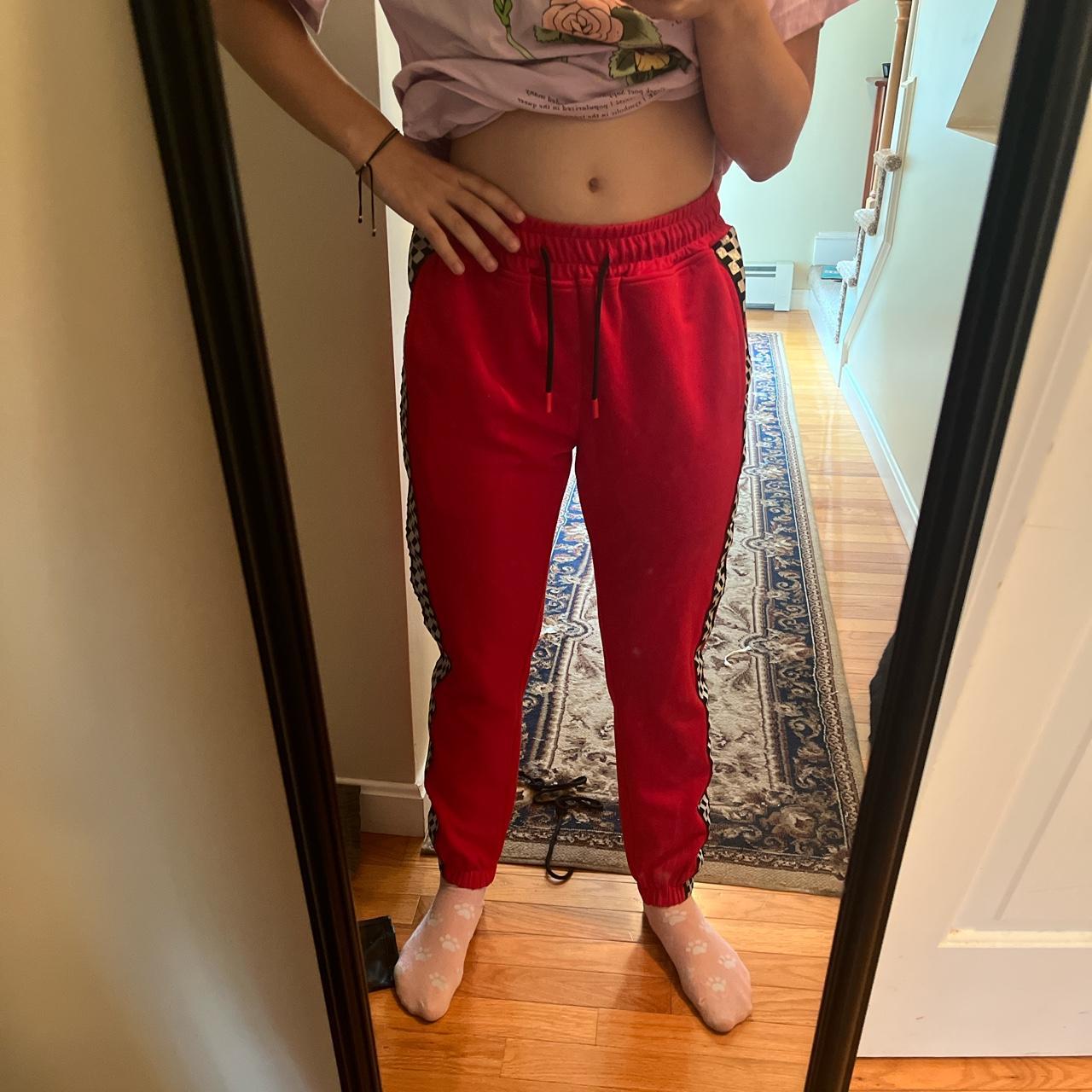 Red joggers with checkered hot sale sides