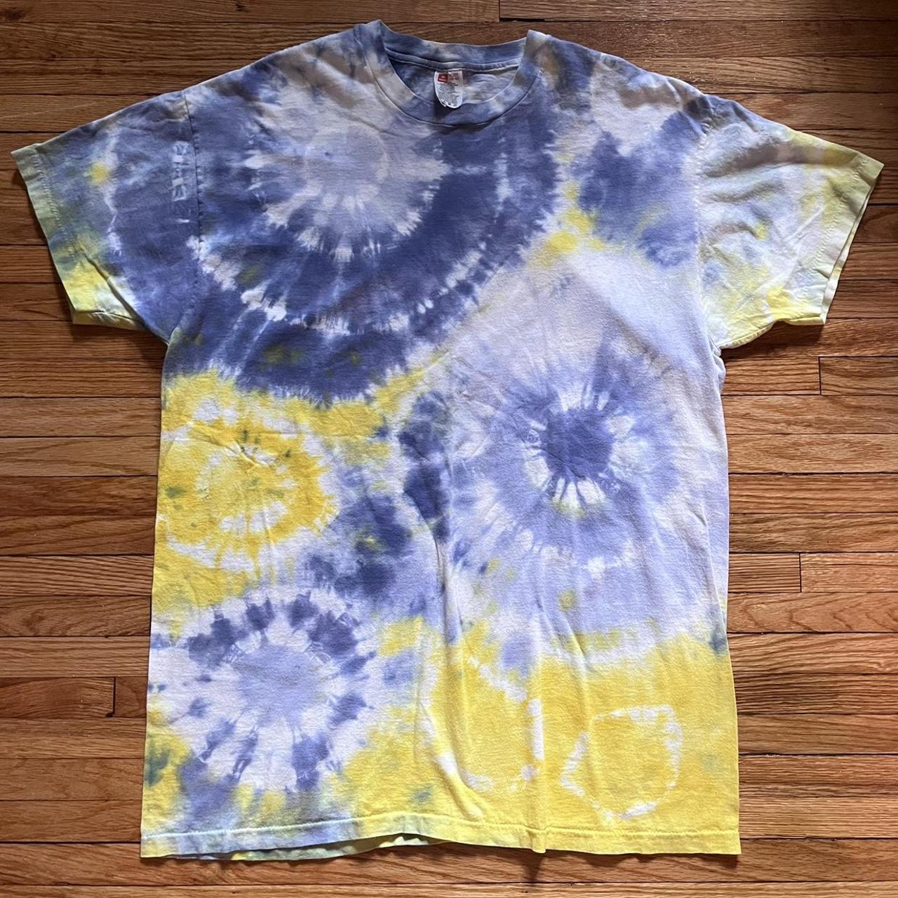 blue and yellow tie dye shirt