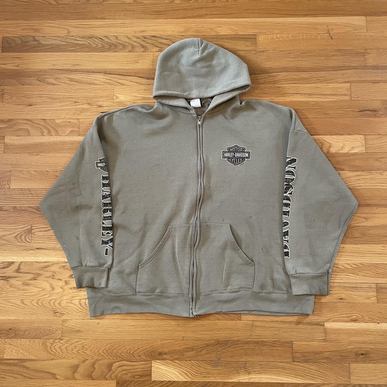 Harley Davidson Men's Grey and Green Hoodie | Depop