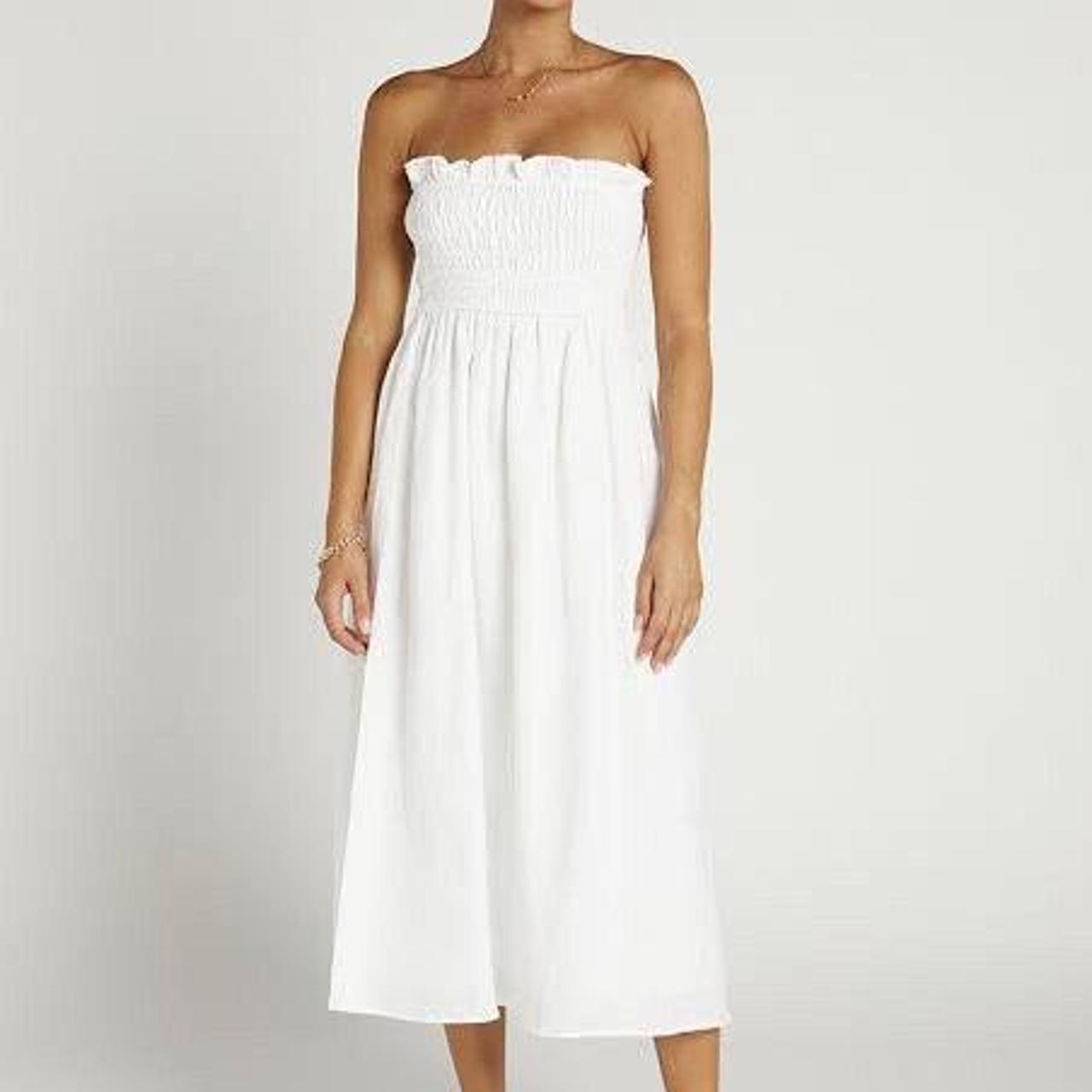 Dissh Strapless Thea Shirred Linen Dress Size... Depop