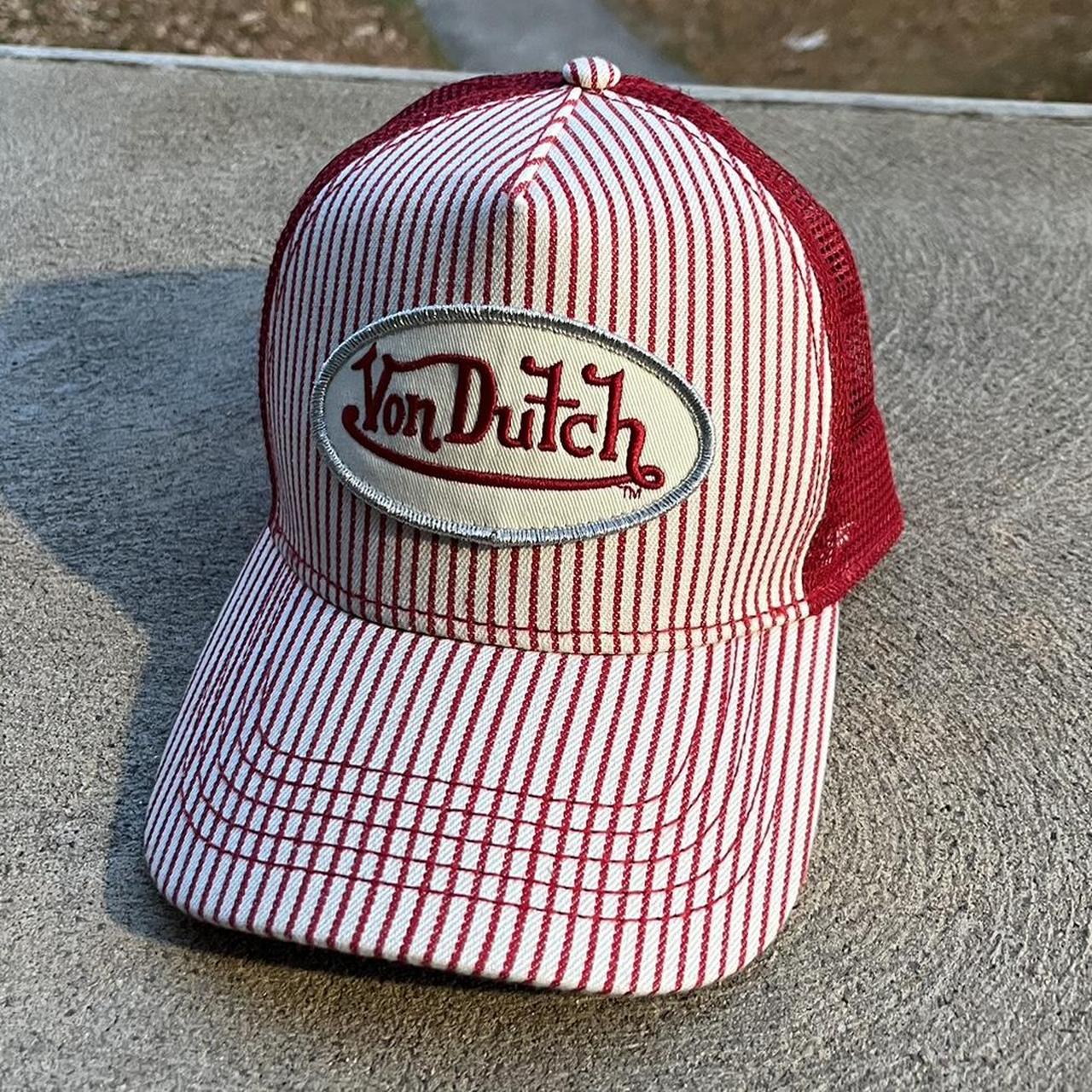 Red pinstripe Von Dutch trucker hat. Amazing... - Depop